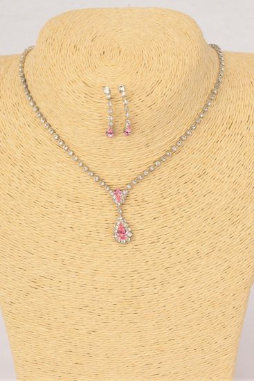 Necklace Sets Choker Rhinestone Tear Drop Pink/Sets **Pink** Post,Size-16" Extension Chain,Velvet Display Card & OPP Bag & UPC Code