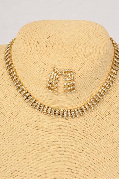 Necklace Sets Gold Choker 4 Layered Rhinestones Post / Sets Gold , Size -16" Extension Chain , Display Card & OPP Bag & UPC Code