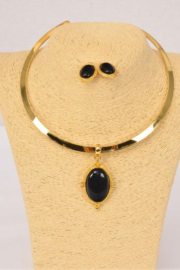 Necklace Sets Gold Choker Poly Large Oval Pendant Black / Sets Black , Post , Size-16" Wide , Display Card & OPP bag & UPC Code