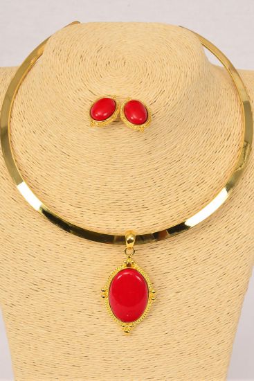 Necklace Sets Gold Choker Poly Large Red Oval Pendant Post /Set Red , Post , Size-16" Wide , Display Card & OPP Bag & UPC Code