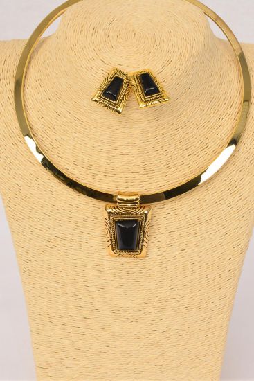 Necklace Sets Gold Choker Poly Pandent Black/Sets **Black** Post,Size-16" Wide,Flexible,Display Card & Opp Bag & UPC Code