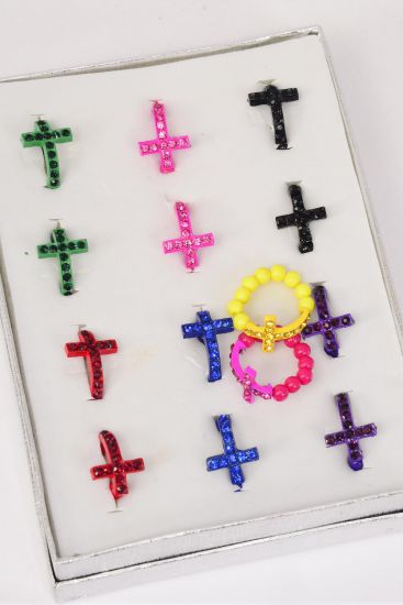 Rings Color Cross Rhinestones Beads Stretch Dark Multi / 12 pcs = Dozen Dark Multi , Stretch , 2 of each Color Asst ,1 Dz Velvet Display Window Box & OPP bag & UPC Code