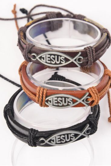 Bracelet Real Leather Band Silver Jesus Fish Symbol / 12 pcs = Dozen Unisex , Adjustable , 4 of each Color Mix , Individual Hang tag & OPP Bag & UPC Code