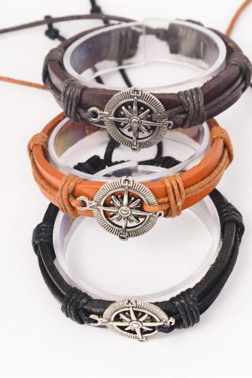 Bracelet Real Leather Band Compass Adjustable / 12 pcs = Dozen Unisex , Adjustable , 4 of each Pattern Mix , Hang tag & OPP Bag & UPC Code