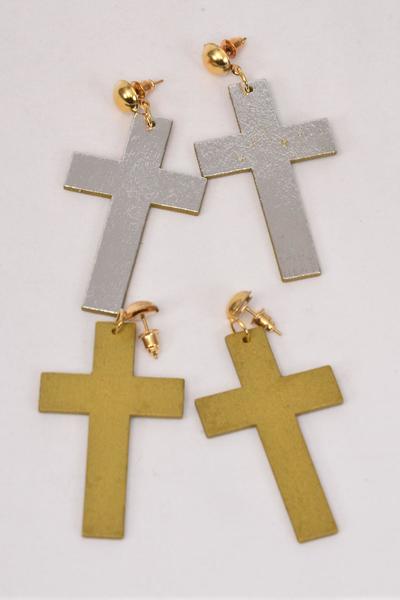 Earrings Wood Cross Metallic Gold Silver Mix Post / 12 pair = Dozen Post , Size - 2" x 1.25" Wide , 6 Gold , 6 Silver Color Asst , Earring Card & OPP Bag & UPC Code 