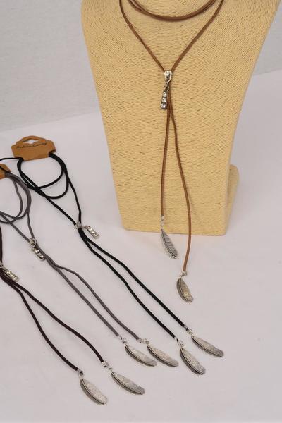 Necklace Faux Suede Cord String Wrap Bolo Tie Choker Rhinestone Zip Feathers / 12 pcs = Dozen Color - 3 Black , 3 Brown , 3 Gray , 3 White Color Asst , Display Card & OPP Bag & UPC Code