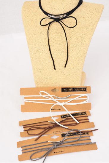 Necklace Choker Faux Suede Cord String Wrap Bolo Tie Metal / 12 pcs = Dozen Color - 3 Black , 3 Brown , 3 Gray , 3 White Color Asst , Display Card & OPP Bag & UPC Code