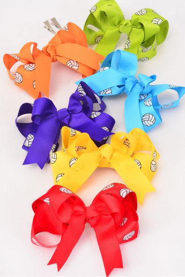 Hair Bow Jumbo Double Layered Volleyball Sport Multi Grosgrain Bow-tie / 12 pcs Bow = Dozen Alligator Clip , Size - 6" x 5" Wide , 2 Of each Pattern Asst , Clip Strip & UPC Code