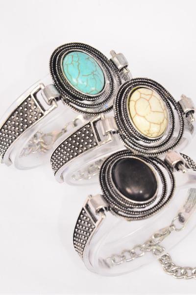 Bracelet Oval Semiprecious Stone / 12 pcs = Dozen  Adjustable Length , Extension Chain , Oval - 1.5" x 1.25" , 4 Black , 4 Ivory , 4 Turquoise Asst , Hang Tag & OPP Bag & UPC Code