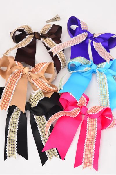 Hair Bow Jumbo Long Tail Double Layered Plaid Grosgrain Bow-tie / 12 pcs Bow = Dozen  Alligator Clip , Bow - 6.5" x 6" , 2 Turquoise , 2 Fuchsia , 2 Khaki , 2 Brown , 2 Black , 2 Purple Color Asst , Clip Strip & UPC Code