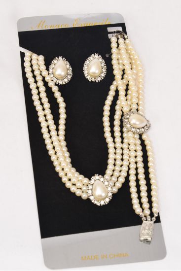 Necklace Sets 3 pcs Sets Teardrop Pearl 3 String Pearl Rhinestones / Sets Post , Black Velvet Display Card & OPP Bag & UPC Code