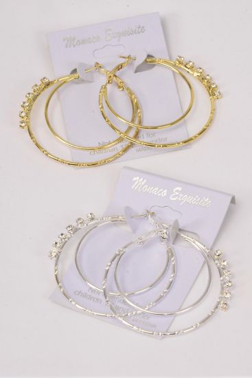 Earrings Metal Double Circle Clear Rhinestone / 12 pair = Dozen Post , Size-1.75" Wide , 6 Gold , 6 Silver Mix , Earring card & Opp Bag & UPC Code