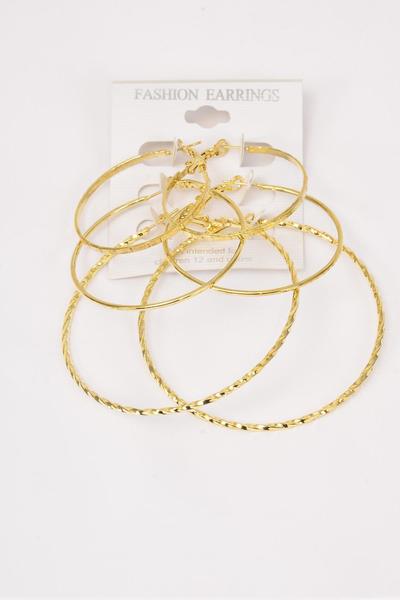 Earrings 3 Pair Metal Hoop Mix Gold Post / 36 pair = Dozen Gold , Post ,  Size - 1.75" , 2" , 2.5" , 3 Size Mix , Earring Card & OPP Bag & UPC Code , 3 pair per Card , 12 Card = Dozen