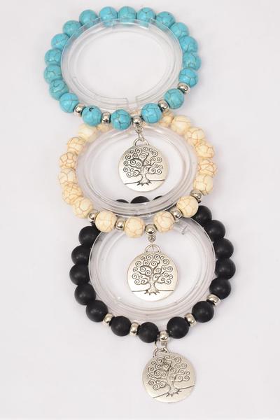 Bracelet 10 mm Semiprecious Stone Silver Tree of Life Charm / 12 pcs  = Dozen Stretch , 4 Black , 4 Ivory , 4 Turquoise Asst , Hang Tag & OPP Bag & UPC Code