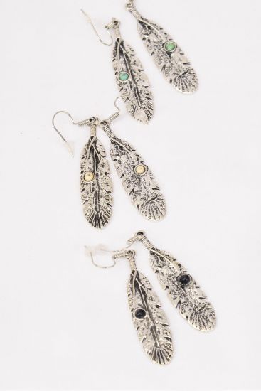 Earrings Metal Antique Feather Semiprecious Stone / 12 pair = Dozen Fish Hook , Size -1.75" x  0.5" Wide , 4 Black , 4 Ivory , 4 Turquoise Asst , Earring Card & OPP Bag & UPC Code -