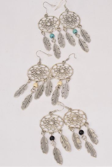 Earrings Metal Antique Dream Catcher Semiprecious Stone / 12 pair = Dozen match 70083 Fish Hook , Size - 2" x 1" Wide , 4 Black , 4 Ivory , 4 Turquoise Asst , Earring Card & OPP Bag & UPC Code