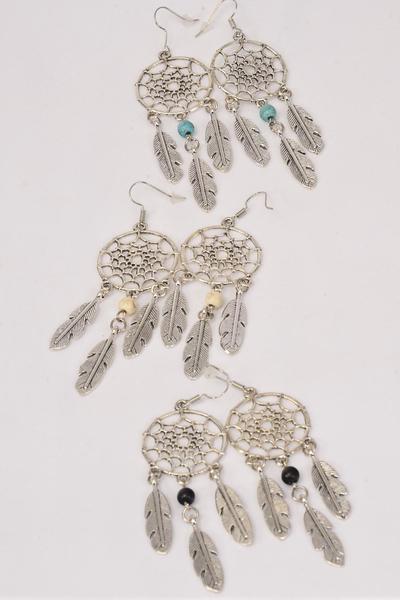 Earrings Metal Antique Dream Catcher Semiprecious Stone / 12 pair = Dozen match 70083 Fish Hook , Size - 2" x 1" Wide , 4 Black , 4 Ivory , 4 Turquoise Asst , Earring Card & OPP Bag & UPC Code