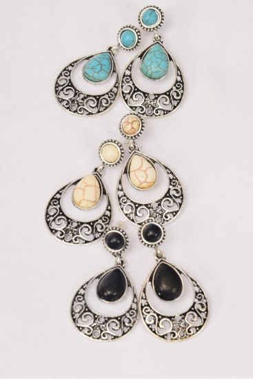 Earrings Metal Antique Teardrop Semiprecious Stone / 12 pair = Dozen Fish Hook , Size - 1.75" x 1" Wide , 4 Black , 4 Ivory , 4 Turquoise Asst , Earring Card & OPP Bag & UPC Code