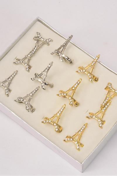 Rings Metal Eiffel Tower Clear Rhinestones W CCB Band / 12 pcs = Dozen  Eiffel Tower , Stretch , Face Size - 1.25" x 0.75" Wide , 6 Gold , 6 Silver Mix ,1 Dz Velvet Display Window Box & OPP Bag & UPC Code