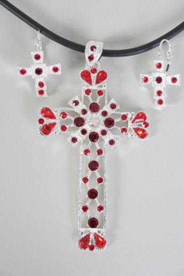 Necklace Sets Large Cross Rhinestone Red / Sets Red , Size - 18" , French Post , Cross Size - 3.5" x 2" Wide , Earring - 1" x 0.75" Wide , Extenstion Chain , Display Card & OPP Bag & UPC Code