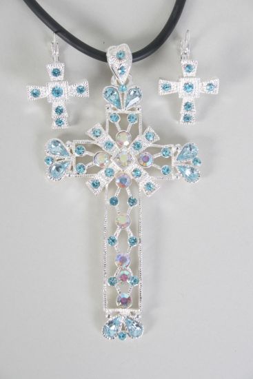 Necklace Sets Large Cross Blue Rhinestone / Sets Blue , Size -18" , French Post , Cross Size - 3.5" x 2" Wide , Earring - 1"x 0.75" Wide , Display Card & OPP Bag & UPC Code 