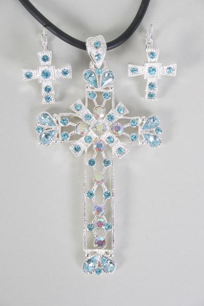 Necklace Sets Large Cross Rhinestone / Sets  French Post , Size -18" , Cross Size-3.5"x 2" Wide , Earring -1" x 0.75" Wide , Extenstion Chain , Display Card & OPP Bag & UPC Code , Choose Colors