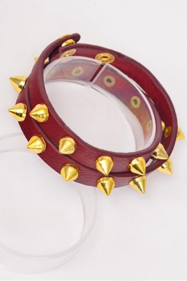 Bracelet Leather Wrap Around Gold Spikes / PC Burgundy , Size - 16" Long , OPP Bag