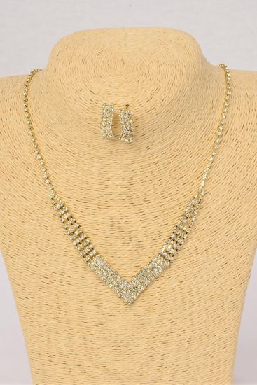 Necklace Sets Gold V Shape Rhinestone / Sets  Post , 18" Long Extension Chain , Black Velvet Display Card & OPP bag & UPC Code 