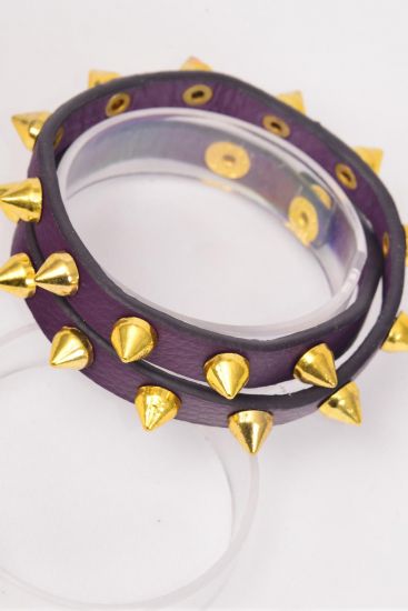 Bracelet Leather Wrap Around Gold Spikes / PC Purple , Size - 16" Long  , OPP Bag