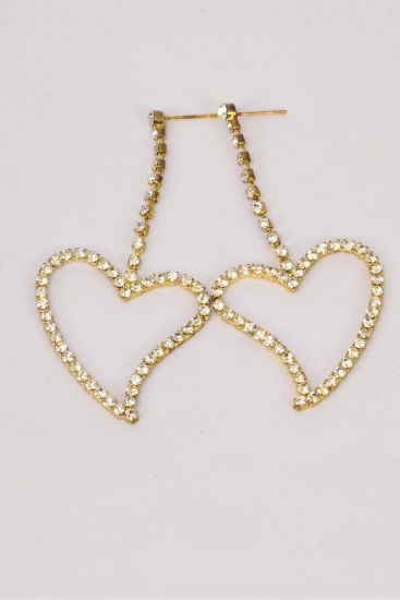 Earrings Rhinestone Drop Heart Gold Post / PC Post , Heart Size - 1.5" x 1.25" Wide , Black Velvet Earring Card & OPP bag & UPC Code