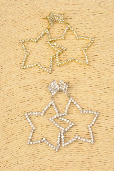 Earrings Rhinestone Star Drop Post / PC Post , Size - 1.75" x 1.75" Wide , Velvet Earring Card & OPP Bag & UPC Code , Choose Gold or Silver Finish