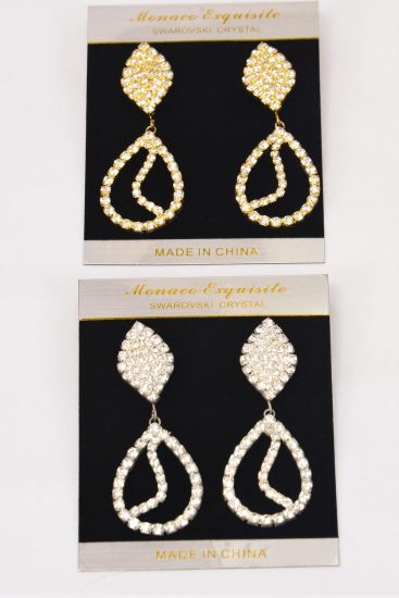 Earrings Rhinestone Teardrop Dangle Post / PC Post , Size - 2.5" x 1" Wide, Black Velvet Earring Card & OPP Bag & UPC Code , Choose Gold Or Silver Finish