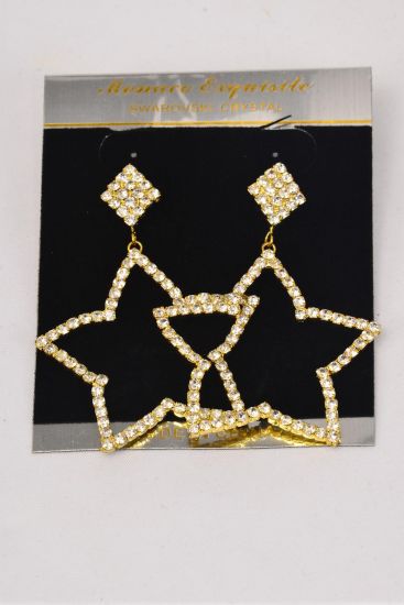 Earrings Rhinestone Gold Star Drop Post / PC Gold , Post , Size- 1.75" x 1.75" Wide , Velvet Earring Card & OPP bag & UPC Code