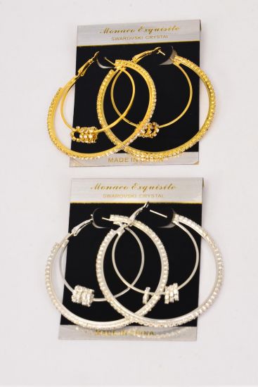 Earrings Double Loops Moving Rhinestone Post / PC Post , Size - 2.25" Wide , Choose Gold Or Silver Finish , Black Velvet Earring CBrd & OPP Bag & UPC Code 