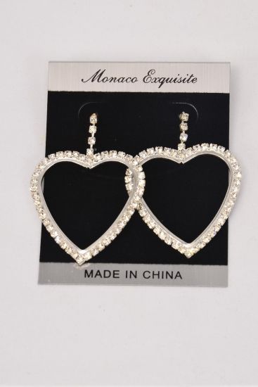 Earrings Silver Rhinestone Heart Post / PC  Silver , Post , Size - 1.5" x 1.25" Wide , Velvet Earring Card & OPP Bag & UPC Code