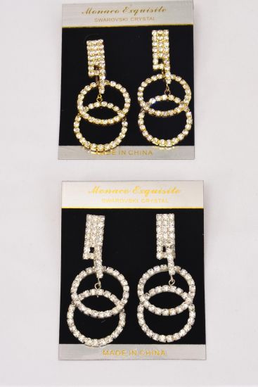 Earrings Rhinestone Circle Drop Post / PC Post , Size - 2.5" x 1" Wide , Black Velvet Earring Card & OPP Bag & UPC Code , Choose Gold Or Silver Finish