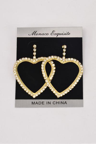 Earrings Rhinestone Heart Post / PC  Post , Heart Size - 1.5" x 1.25" Wide , Velvet Earring Card & OPP bag & UPC Code , Choose Gold Or Silver Finish 