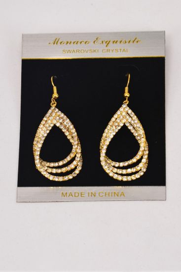 Earrings Gold Teardrop Rhinestone / PC Fish Hook , Size - 1.5" x 1" Wide , Earring Card & OPP Bag & UPC Code 