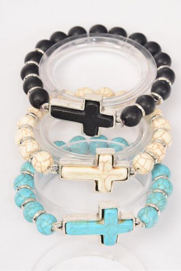 Bracelet Sideway Cross 10 mm Semiprecious Stone Stretch / 12 pcs = Dozen  match 03454 75023 Stretch , Cross - 1.5" x 1" Wide , 4 Black , 4 Ivory , 4 Turquoise Asst , Hang Tag & OPP Bag & UPC Code