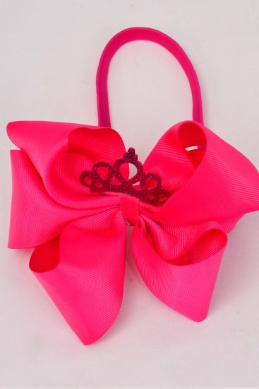 Elastic Headband Tiara Double Layered Grosgrain Bow-tie Fuchsia / 12 pcs = Dozen Fuchsia , Size-6"x 6" Wide ,Hang Tag & UPC Code , Clear Box