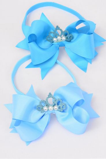 Elastic Headband Tiara Double Layered Grosgrain Bow-tie Blue Mix / 12 pcs = Dozen Bow Size-6"x 5" Wide , 6 Sky Blue , 6 Turquoise Color Asst , Hang Tag & UPC Code , Clear Box