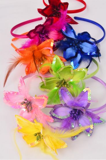 Headband Horseshoe Satin Sequin Flower Feathers Multi / 12 pcs = Dozen Flower - 5" Wide , 2 Pink , 2 Red , 2 Purple , 2 Orange , 1 Lime , 1 Blue , 1 Yellow , 1 Fuchsia , 8 Color Asst , Hang tag & UPC Code , W Clear Box