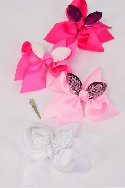 Hair Bow Jumbo Bunny Ears Flip Sequin Grosgrain Bowtie Pink Mix / 12 pcs Bow = Dozen Pink Mix , Alligator Clip , Size - 6.5" x 6" Wide , 3 White , 3 Baby Pink , 3 Hot Pink , 3 Fuchsia Color Asst , Clip Strip and UPC Code