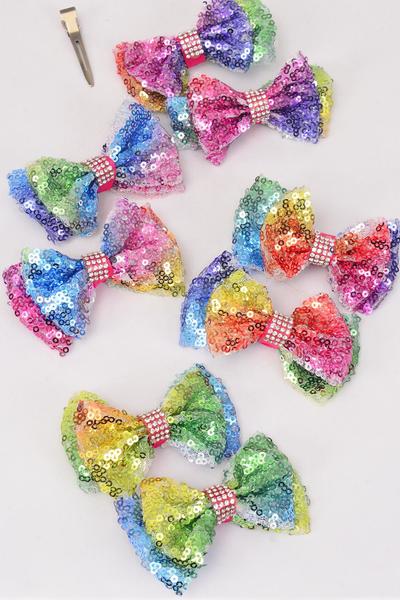 Hair Bows 24 pcs Sequin Iridescent Tiedye Pastel Rainbow Bowtie Grosgrain Bow-tie / 24 pcs Bow = Dozen Alligator Clip , Size - 3.5" x 2" Wide , 3 of each Color Asst , Clip Strip & UPC Code 