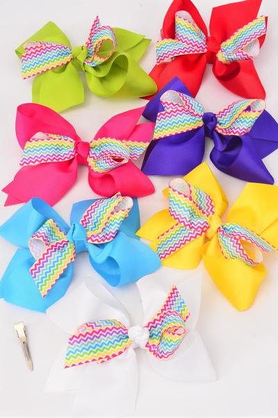 Hair Bow Jumbo Chevron Aztec Pattern Grosgrain Bow-tie Multi / 12 pcs Bow = Dozen Alligator Clip , Size - 6" x 5" Wide , 2 Fuchsia , 2 Blue , 2 Yellow , 2 Purple , 2 White , 1 Lime , 1 Red Color Mix , Clip Strip and UPC Code