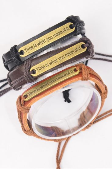 Bracelet Real Leather Band Time is What You Make Of It / 12 pcs = Dozen  Unisex , Adjustable , 4 of each Pattern Mix , Individual Hang tag & OPP Bag & UPC Code