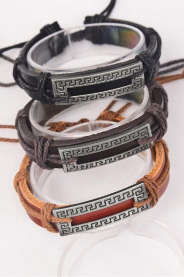 Bracelet Real Leather Band Greek Motives Vector Symbol / 12 pcs = Dozen Unisex , Adjustable , 4 of each Pattern Mix , Individual Hang tag & OPP Bag & UPC Code