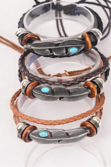 Bracelet Real Leather Band & Feather Triple Strand / 12 pcs = Dozen  Unisex , Adjustable , 4 Black , 4 Dark Brown , 4 Medium Brown Pattern Mix , Individual Hang tag & OPP Bag & UPC Code