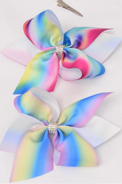 Hair Bow Jumbo Tiedye Gradient Rainbow Grosgrain Bow-tie / 12 pcs Bow = Dozen Alligator Clip , Size - 6" x 6" Wide , 6 of each Pattern Mix , Clip Strip & UPC Code