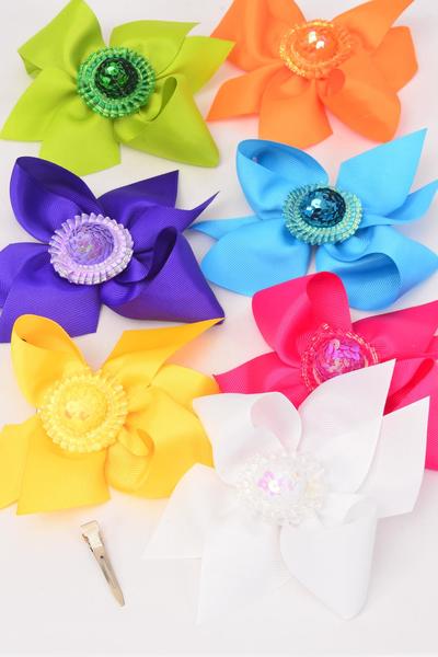 Hair Bow Jumbo Sequin Hat Charm Citrus Grosgrain Bow-tie / 12 pcs Bow = Dozen Alligator Clip , Size - 6" x 5" Wide , 2 White , 2 Fuchsia , 2 Purple , 2 Blue , 2 Yellow , 1 Orange , 1 Lime Color Mix , Clip Strip & UPC Code